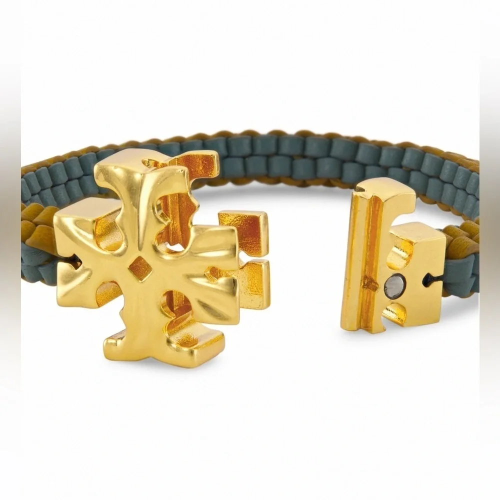 NWT Tory Burch Authentic Roxanne Goldtone & Green Yellow Leather Woven Bracelet